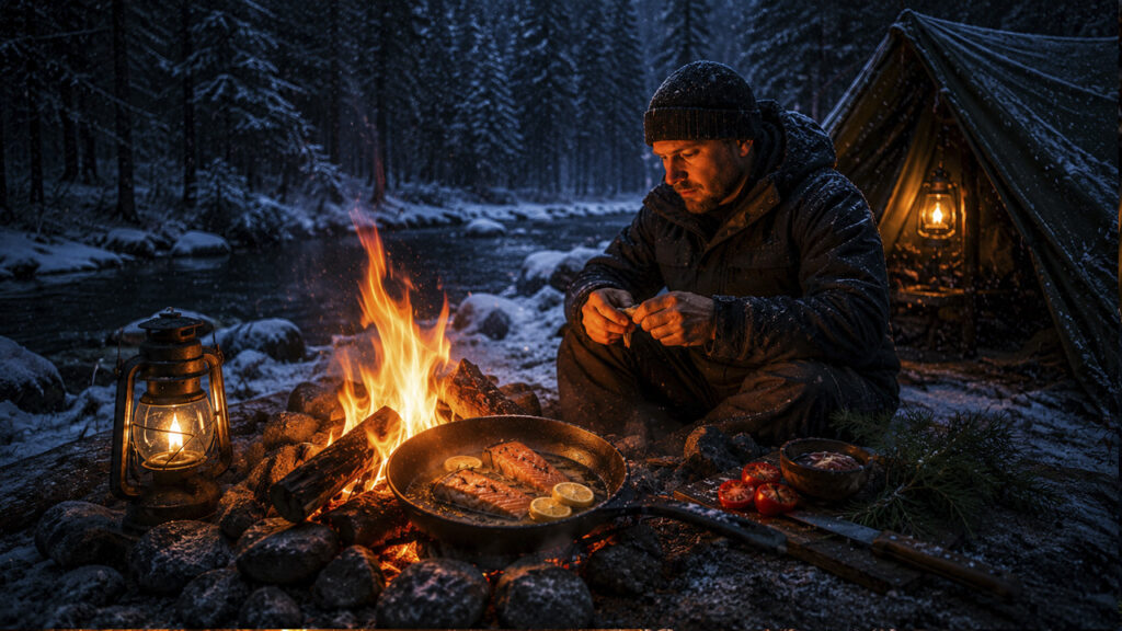 Мясо на костре в снегу | Соло зимний bushcraft ASMR