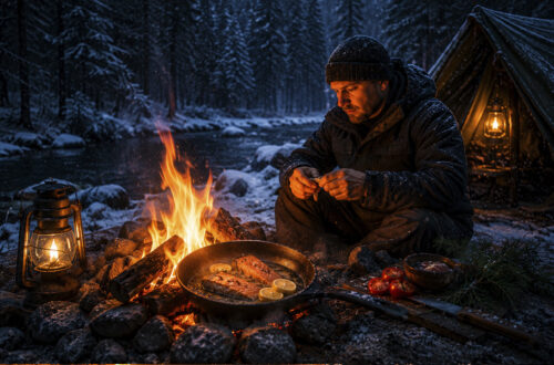 Мясо на костре в снегу | Соло зимний bushcraft ASMR
